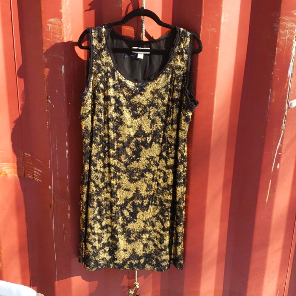Michael Kors Black + Gold Sleeveless Tank Mini Gown Sparkle XL